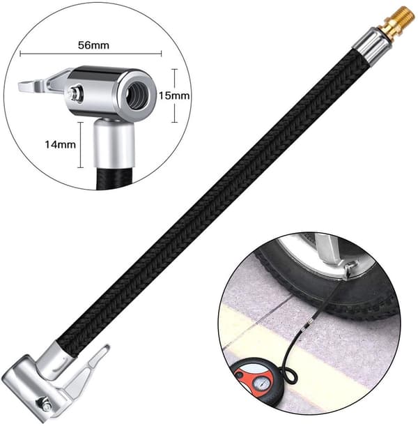 Däckpump förlängningsslang med ventiladapter, nylonflätad gummislang, för bil-, motorcykel- och cykeldäck, 10 cm, svart