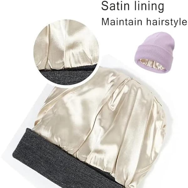 Ingen statisk – ingen friss – ingen trasselmössa, mössa med sidenfoder, satin-fodrade vinterhattar strumpor hattar för kvinnor grå
