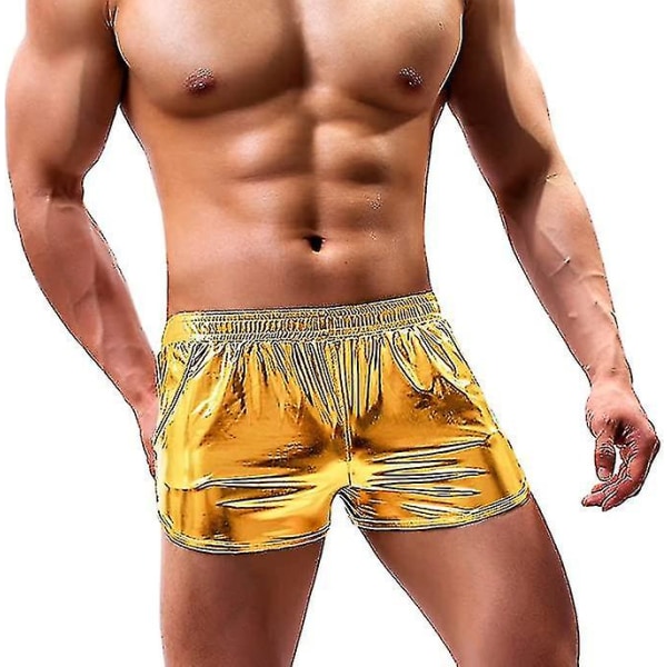 Sexiga metalliska glänsande boxer för män Sparkly Rave Hot Shorts med fickor L Yellow