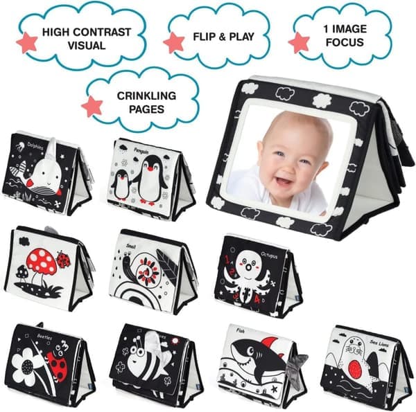Sea Creature Fabric Book with Mirror – Baby Activity Toy for Neck Training and Vision Development