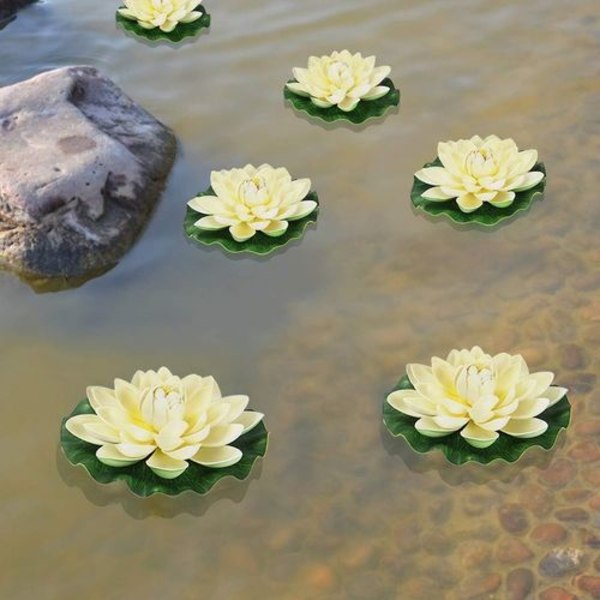 6 stk. kunstige flydende skumlotusblomster, med åkandebladsdekorationer,