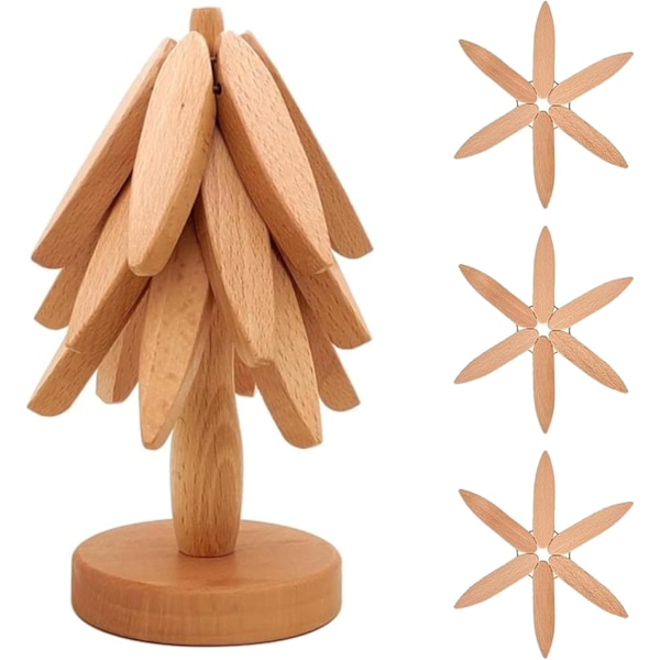 Puualuset kuumille ruoille, 3 puualusta + 1 teline säilytetään joulukuusena, pyökkipuualuset kuumille padoille, pannuille, kulhoille, teepannulle, pyökki