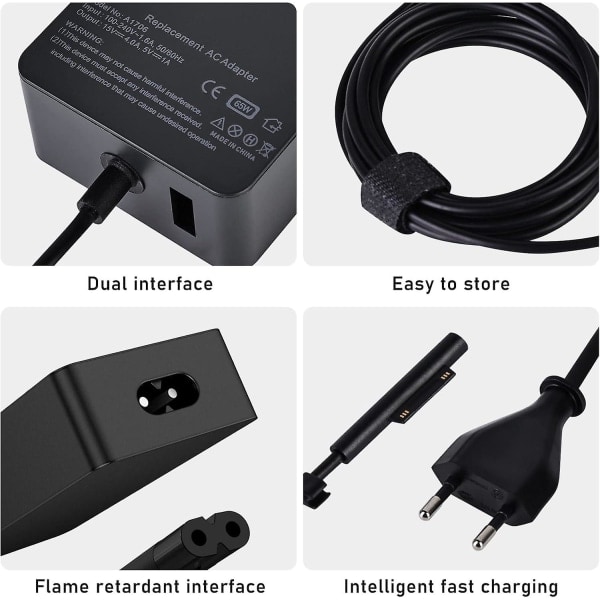 Surface Pro -laturi, 65 W 15 V 4 A Microsoft Surface -laturi Surface Laptop 4/3/2/1, Surface Book 1/2, Surface Pro 3/4/5/6/7/8/9/x, Surface Go -laitteille With Us