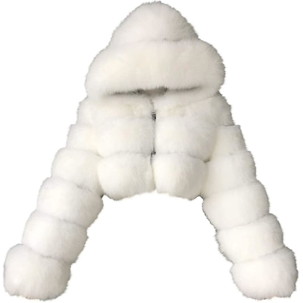 Fuskpälsrock Kvinnor Med Huva Beskurna Bubble Coats Fleece Korta Varma Jackor Plus Size Vinterjackor För Kvinnor 3X-Large White