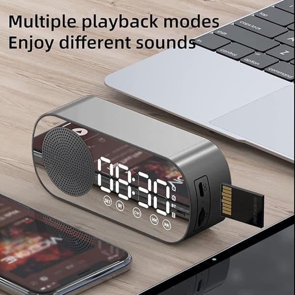 Digital väckarklocka Bluetooth-högtalare med LED-spegeldisplay och dubbla alarm för sovrum, svart