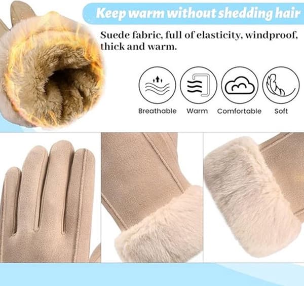 Vinterhandsker til kvinder, fortykket polyester, touchscreen-fingerspidser, vindtæt, til cykling, pendling og vandreture, beige, one size