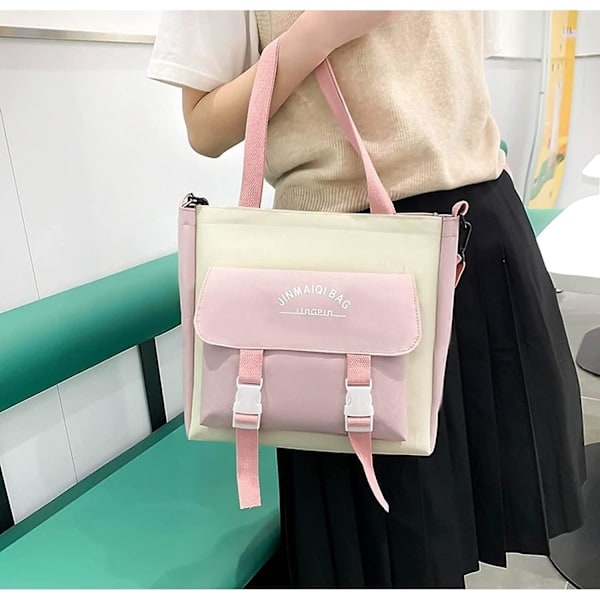 /NN/5-pack Kawaii Ryggsäcksset med Björnhänge, Tillbehör för Skolstart, Söta Kaninbroscher Stor Canvas Skolväska med Handväska (rosa)