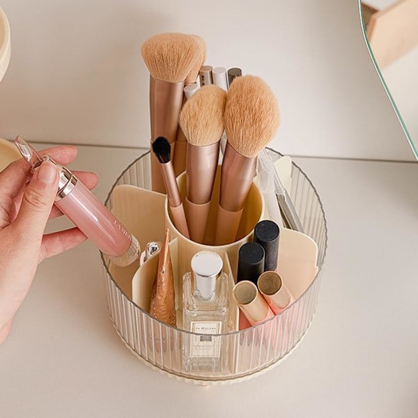 Holder med låg, 360° roterende makeup-organisator med høj kapacitet, akryl makeupbørste-organisatorskål 25 cm højde, kosmetisk børsteholder til