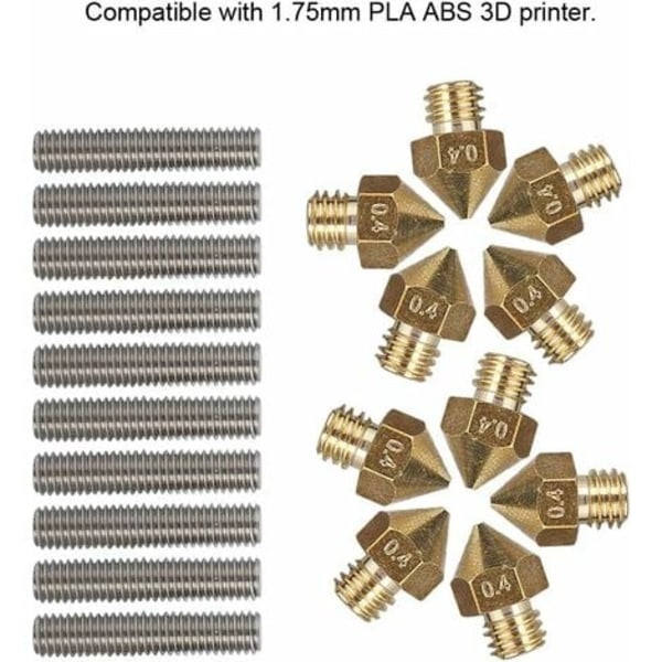 3D-skrivartillbehörssatser Värmeblock + 10 st 0,4 mm 3D-skrivarmunstycke + Rörhals för MK8, Anet A8, Alunar M508, CR7, V2/NC/