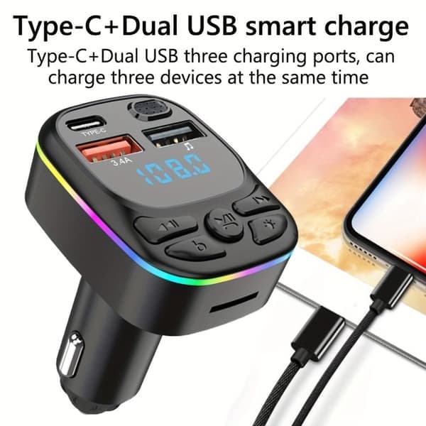 Wireless FM Transmitter for Car - With Dual USB-C Charger - Hands-Free Calling - Supports MP3/TF Card