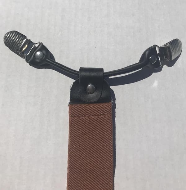 Justerbare seler, Y-ryg, elastisk polyester, sort læder midterstykke, 6 clips, unisex til arbejde og begivenheder, rustbrun, 35 mm x 120 cm