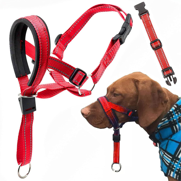 Hundhuvudgrimma med säkerhetsrem, hundhuvudhalsband med reflekterande rem, hundhalsband Justerbar hundsele-träning L Red