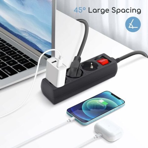 Grenuttak 3 Stikkontakter med Bryter Overspenningsvern Lynbeskyttelse kabel 3 m Svart 3680w/NC/
