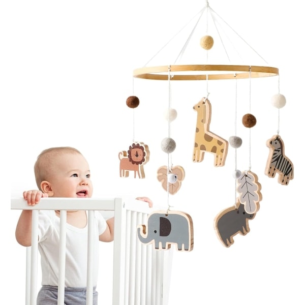 Lova Babe Baby Mobil Djurlek med Filtbollar Giraff Lejon Elefant Zebra Mobil Baby Trä Virkad Mobil Nyfödd Pojke Flicka Flodhäst Blad-WELLNGS/NT/
