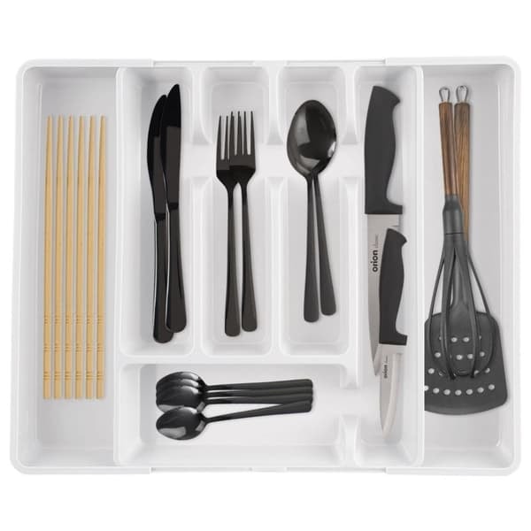 Justerbar hvit plastbestikkorganisator med 5-7 rom_NN