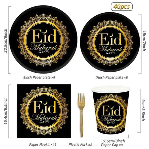 EID Mubarak Engangstallerkener, Kopper og Servietter
