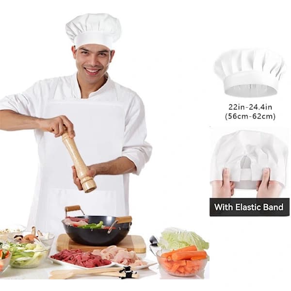 Apron and Hat Set - Adjustable Chef Hat and Apron - Unisex Bakery Clothes (White)
