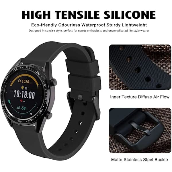 [NT] Silikone armbånd til ur, sort rustfrit stålspænde, hurtigudløsning, bløde gummibånd, 20 mm