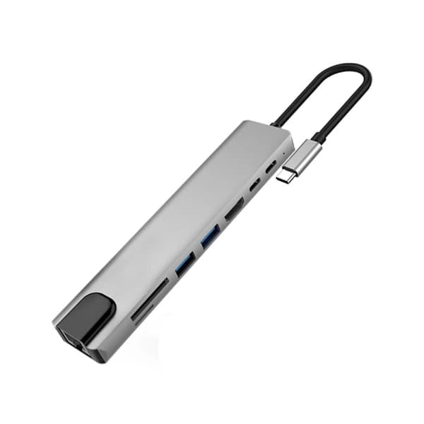 8-portars USB-C-hubb med USB, UBC PD, HDMI, RJ45, minneskort Grå