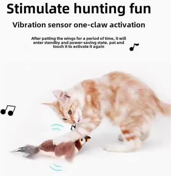 Interactive Cat Toy with Flapping Wings and Chirping Bird Sounds for Flight Play