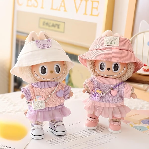 /NC/Grossist Lyxkläder för Labubu Dockor Tillbehör Trendigt Kawaii Outfit Set 5 Delar Passar för 15cm 17cm Labubu Docka 17CM Pink