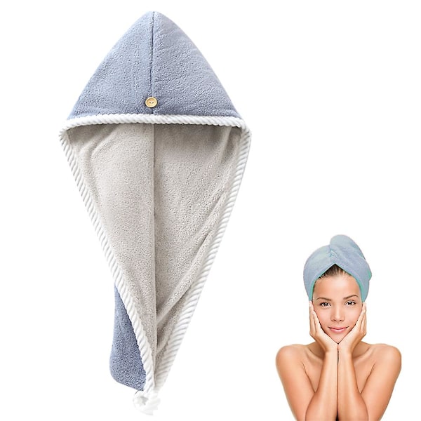Hårhåndklæde Wrap, Hår Turban Håndklæde Twist Turban Tør Hår Hætter med Knapper Tør Hår Hat Blågrå