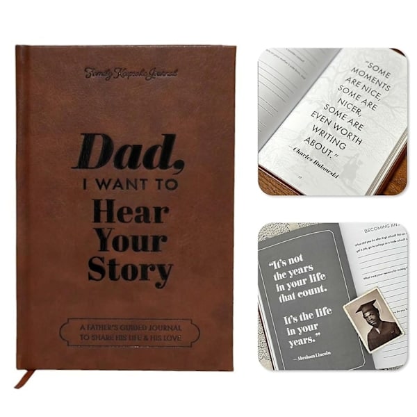 Pappa, jag vill höra din historia Anteckningsbok, läderomslag, hård pärm, svart guldfoliebokstäver, present till pappa - WELLNGS/NT/