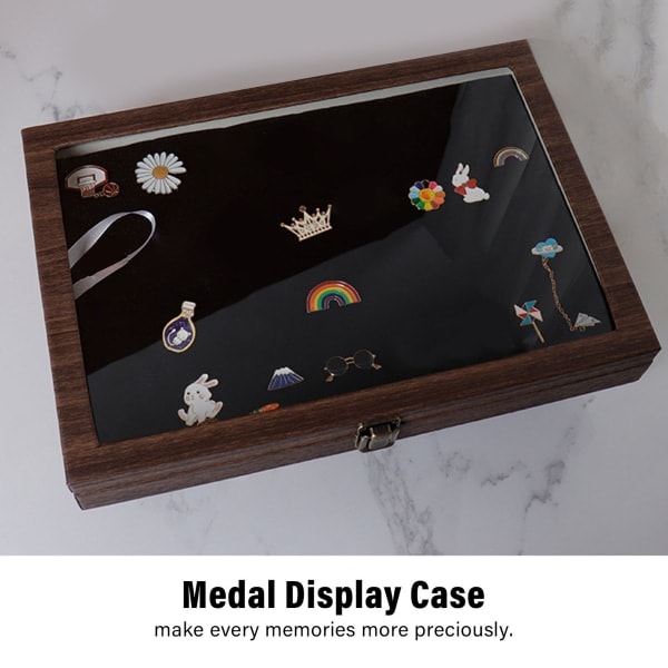 Stor svart PU-skinn støvtett glass pin displayboks, allment brukt mynt displayboks for smykker merke medalje displayboks