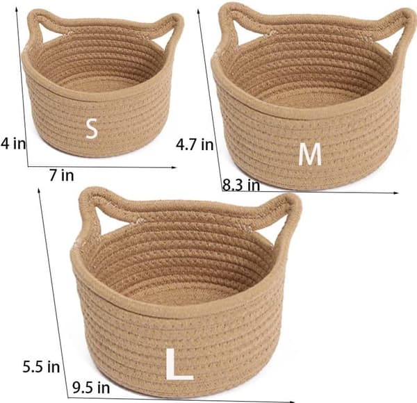 Vävda förvaringskorgar, 100 % bomullsrep, kattöronsdesign, set om 3 för barnkammare, sovrum och vardagsrum, brun, S/M/L