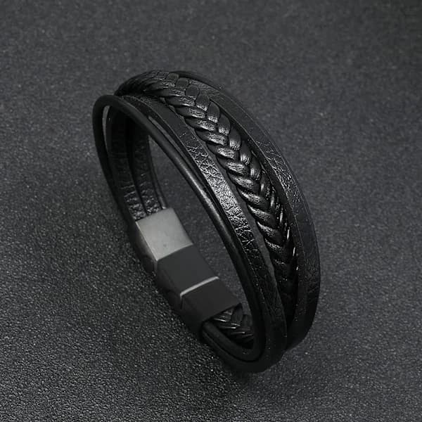 NA/Flätat läderarmband för män, svart, A