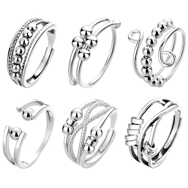 6 stk. Kvinder Angst Spinner Ringe Fidget Ringe M/ Perler Stress Relief Justerbar