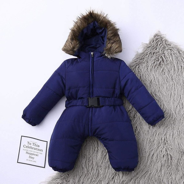 Unisex jumpsuit med huva för baby för 0-24 månader Pojkar Flickor Jumpsuit Romper med pälskrage Dark Blue 60cm