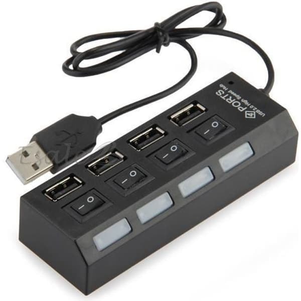 {NT} Svart USB 2.0 HUB 4 portar 480 Mbps med LED-switch för PC Tablet