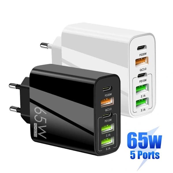 USB C Oplader Hurtigopladning 65W Type C Oplader EU-stik sort