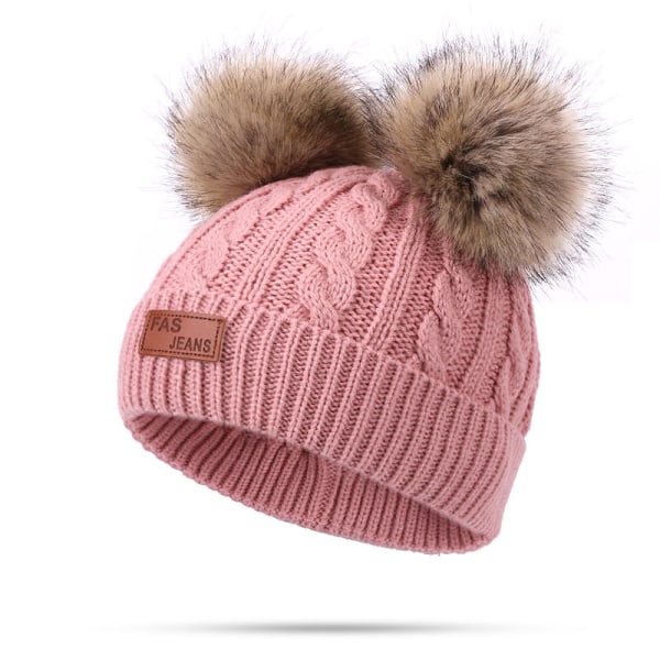 Toddler Woolen Hat Winter Twist Double Pom Pom Stickad Beanies Cap Dark Pink