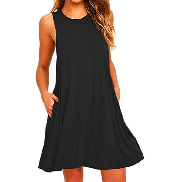 Damklänningar Sommar Casual Cover up Plain Pleated Tank Dress Black S