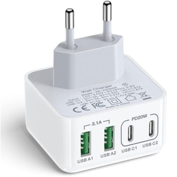 {NT}USB-C Laddare, USB Strömadapter - 40W - 4 Portar (Dubbel USB-C Port + Dubbel USB-A Port) - Snabbladdare för Telefon, iPad, Samsung Galaxy