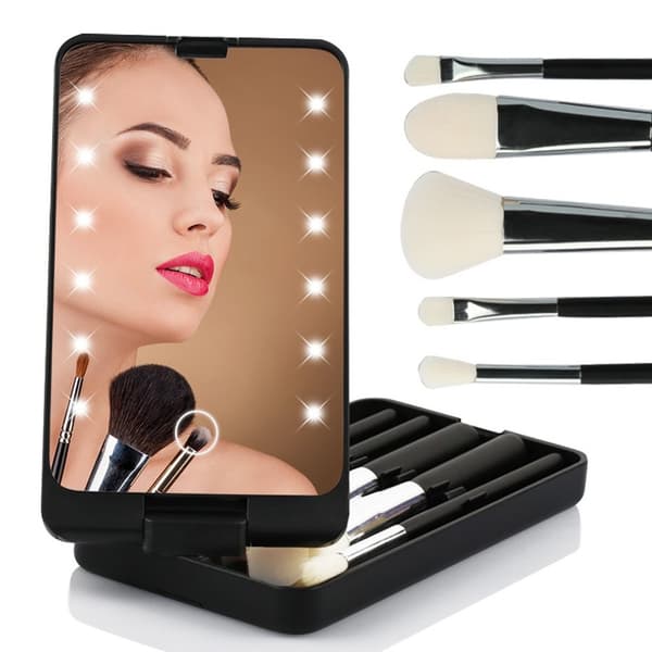 Makeup Brush Set 5 pcs Brushes Rechargeable LED Light Mirror Rosa pink