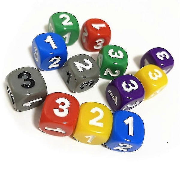 10 stk. terninger med tallene 1 2 3 1 2 3 D6 14mm Akryl Terninger 6-sidede Terninger til Brætspil Kuber 6 Farver Shry
