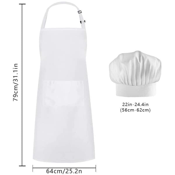 Apron and Hat Set - Adjustable Chef Hat and Apron - Unisex Bakery Clothes (White)