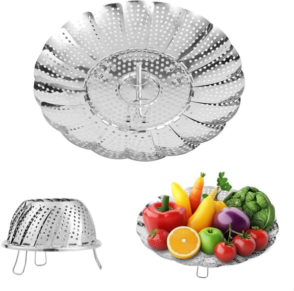 Dampkurv Grøntsagsdamper Sammenklappelig Rustfrit Stål 304 Justerbar 24 cm Diameter til Madlavning