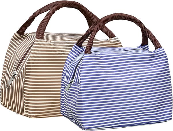 Isolerade lunchväskor, Oxford-tyg, aluminiumfoliefoder, vikbara, skola, camping, resor, blå/brun, 2-pack, 23 x 17 x 13 cm