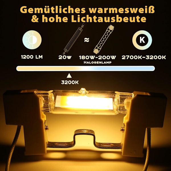 R7S LED 118mm Dæmpbar 1200LM, 20W R7S LED-pære Varm Hvid 3200K, Erstatning J7S Halogen 180W-200W Pære, R7S LED COB Højt Lineært Lys, 360° Stråle