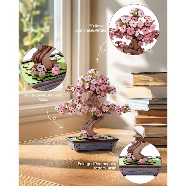 3D Trepuslespill for Voksne, DIY Kirsebærblomst Bonsai Tre Botanisk Samling Byggesett, Valentinsdagsgave, Sakura Bonsai Cherry blossoms
