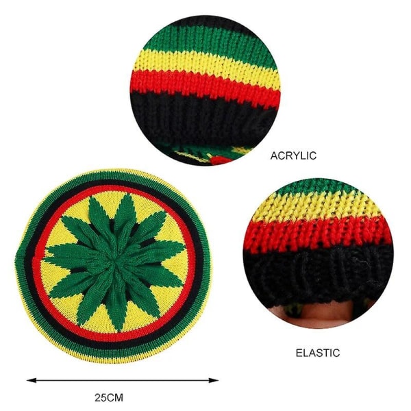 Ny 1st Jamaican Reggae Baggy Stickad Mössa Höst Vinter Varm Regnbågsmössa Basker Cap Vinter Skallcap Beanies Cap För Kvinnor Män Yellow green leaf