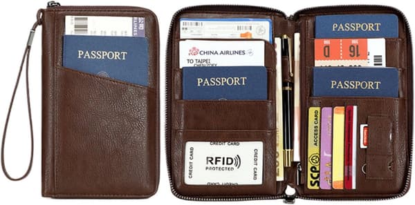 RFID-blokerende pasmappe, PU rejsearrangør med flere rum, håndledsrem til rejser, brun, 20 x 12,5 x 2 cm coffee