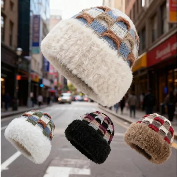 Varm stickad vintermössa - med fleecefoder - Unisex - Lämplig för kallt väder (beige)