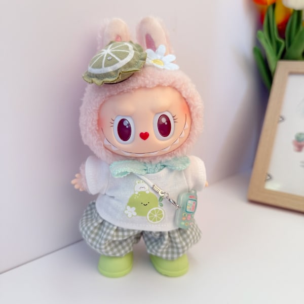 /NC/LABUBU KLÄDER, Labubu Baby Kläder, Bomulls Docka Tröja Julhatt Dockdräkt, Handgjorda Dockkläder Lime three-piece green boots