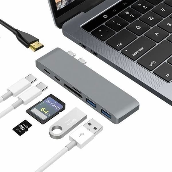 USB C -keskitin, 7 in 1 USB C -sovitin Macbook Pro/Airille, Thunderbolt 3.1 PD 100W, HDMI 4K, 2 USB 3.0 -porttia, SD/TF-kortinlukija_NN