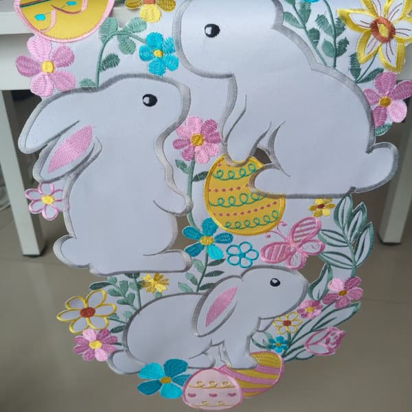 Embroidered Table Runner with Plaid Rabbit Pattern, Easter Spring Rabbit Floral Butterfly Egg Table Runner 35 x 175 cm for Easter